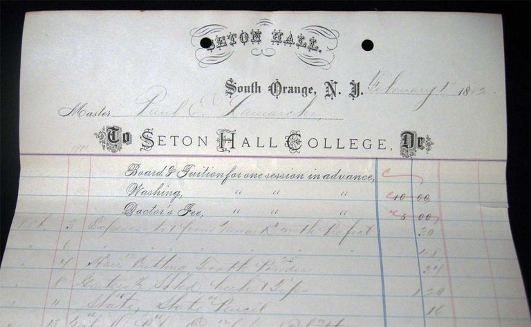 Item #027265 1882 Student Room & Board and Expenses Ledger Sheet Signed By James H. Corrigan, President (1844-1891) Seton Hall College, South Orange, N.J. Americana - 19th Century - Manuscript - Seton Hall College.