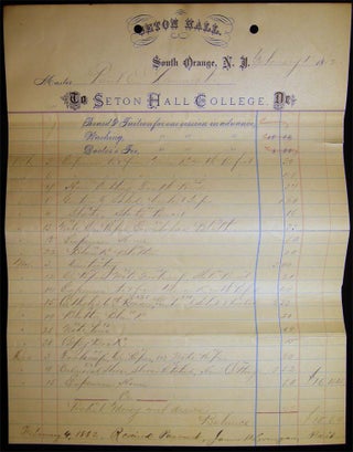 1882 Student Room & Board and Expenses Ledger Sheet Signed By James H. Corrigan, President (1844-1891) Seton Hall College, South Orange, N.J.