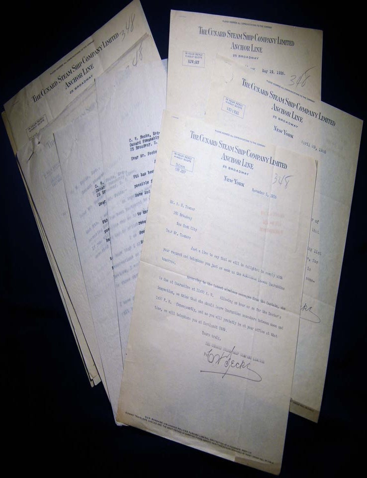 Item #027276 1925 - 1929 Group of Correspondence Between NY Financial Analyst Rutherford Hamilton Towner & C. W. Fecke of the Cunard Steam Ship Co. Regarding the SS Aquitania and SS Berengaria. Travel - 20th Century - Cunard Steam Ship Co.