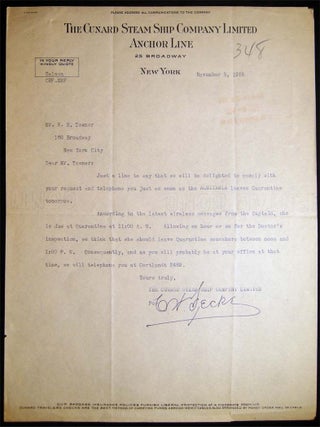 1925 - 1929 Group of Correspondence Between NY Financial Analyst Rutherford Hamilton Towner & C. W. Fecke of the Cunard Steam Ship Co. Regarding the SS Aquitania and SS Berengaria