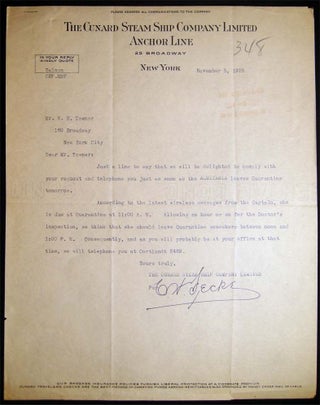 1925 - 1929 Group of Correspondence Between NY Financial Analyst Rutherford Hamilton Towner & C. W. Fecke of the Cunard Steam Ship Co. Regarding the SS Aquitania and SS Berengaria