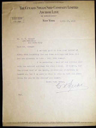 1925 - 1929 Group of Correspondence Between NY Financial Analyst Rutherford Hamilton Towner & C. W. Fecke of the Cunard Steam Ship Co. Regarding the SS Aquitania and SS Berengaria