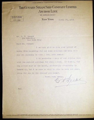1925 - 1929 Group of Correspondence Between NY Financial Analyst Rutherford Hamilton Towner & C. W. Fecke of the Cunard Steam Ship Co. Regarding the SS Aquitania and SS Berengaria