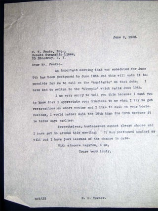 1925 - 1929 Group of Correspondence Between NY Financial Analyst Rutherford Hamilton Towner & C. W. Fecke of the Cunard Steam Ship Co. Regarding the SS Aquitania and SS Berengaria