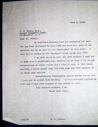 1925 - 1929 Group of Correspondence Between NY Financial Analyst Rutherford Hamilton Towner & C. W. Fecke of the Cunard Steam Ship Co. Regarding the SS Aquitania and SS Berengaria