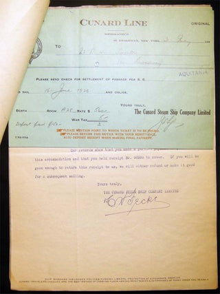 1925 - 1929 Group of Correspondence Between NY Financial Analyst Rutherford Hamilton Towner & C. W. Fecke of the Cunard Steam Ship Co. Regarding the SS Aquitania and SS Berengaria