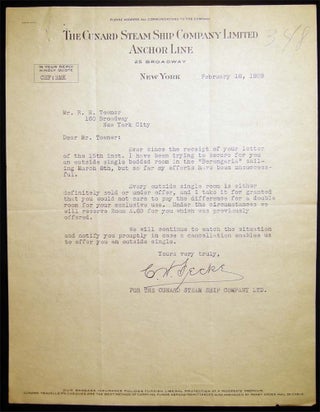 1925 - 1929 Group of Correspondence Between NY Financial Analyst Rutherford Hamilton Towner & C. W. Fecke of the Cunard Steam Ship Co. Regarding the SS Aquitania and SS Berengaria