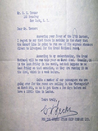 1925 - 1929 Group of Correspondence Between NY Financial Analyst Rutherford Hamilton Towner & C. W. Fecke of the Cunard Steam Ship Co. Regarding the SS Aquitania and SS Berengaria