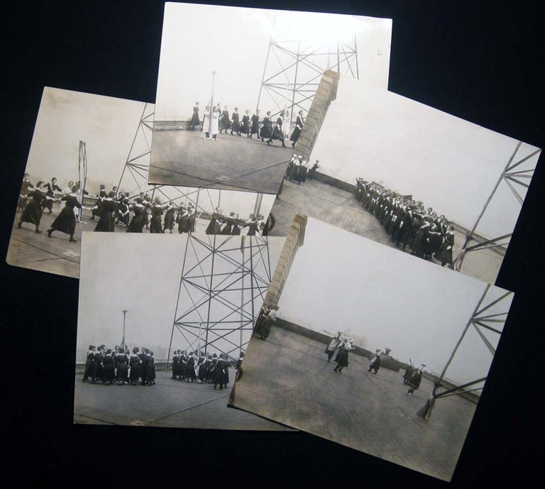 Item #027315 Circa 1915 Group of Photographs Girls School Practicing May Pole and Folk Dancing on Building Rooftop in New York City. Americana - 20th Century - Photography - Girls Dance - May Day - New York City.