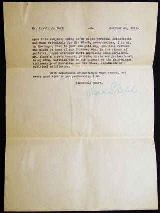 Two Related Typed Letters Signed By Frank P. Walsh (1864 - 1939) American Lawyer and Social Justice Advocate, Written to Austin J. Ford, Editor of the NY Irish World Newspaper, Referencing William Harman Black for NY State Supreme Court