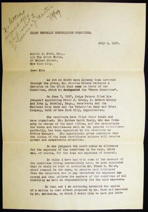 1927 Typed Letter Signed By John J. Hearn, Chairman of the Irish Republic Bondholders Committee, Written to Austin J. Ford, Editor of the NY Irish World Newspaper Requesting Receiving Authorization of Frank P. Walsh (1864 - 1939) Chief Counsel