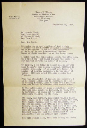 1927 Two Typed Letters Signed By Frank P. Walsh (1864 - 1939) American Lawyer and Social Justice Activist, Written to Austin J. Ford, Editor of the NY Irish World Newspaper, Regarding the Tom Mooney Case.