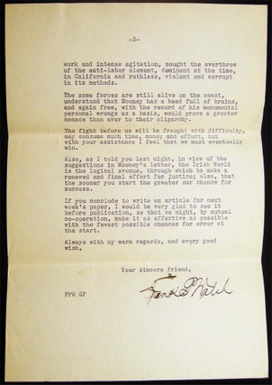 1927 Two Typed Letters Signed By Frank P. Walsh (1864 - 1939) American Lawyer and Social Justice Activist, Written to Austin J. Ford, Editor of the NY Irish World Newspaper, Regarding the Tom Mooney Case.