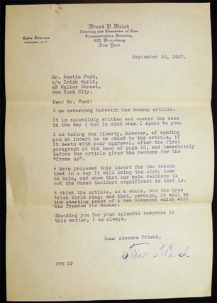 1927 Two Typed Letters Signed By Frank P. Walsh (1864 - 1939) American Lawyer and Social Justice Activist, Written to Austin J. Ford, Editor of the NY Irish World Newspaper, Regarding the Tom Mooney Case.