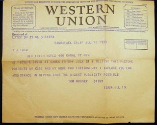 1933 & 1935 Two Telegrams sent from Tom Mooney, Incarcerated at San Quentin Prison in California, sent to Thomas J. Ford of the NY Irish World Newspaper, Requesting Help in his Case.