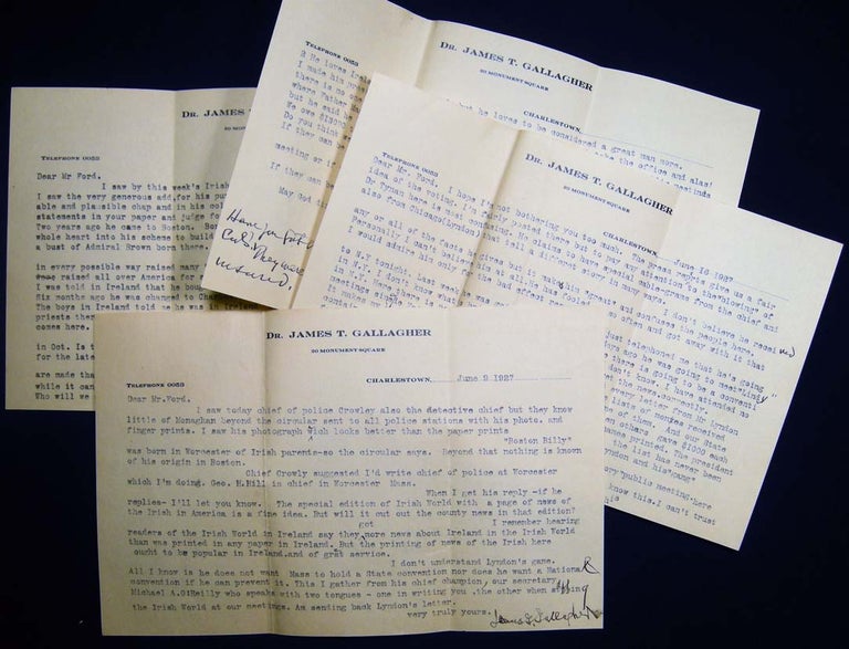 Item #027406 1927 Three Typed Letters Signed By Dr. James T. Gallagher of Charlestown Massachusetts Written to the Editor of the NY Irish World Newspaper. Americana - Ireland - Manuscript - Revolutionary Politics - Boston - Dr. James T. Gallagher.