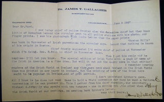 1927 Three Typed Letters Signed By Dr. James T. Gallagher of Charlestown Massachusetts Written to the Editor of the NY Irish World Newspaper