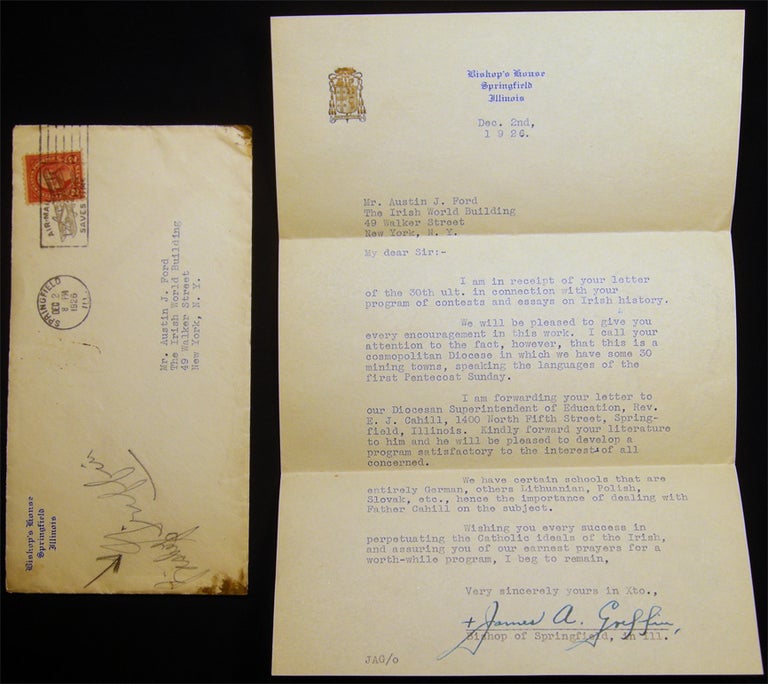 Item #027409 1926 Typed Letter Signed By Bishop James A. Griffin (1883 - 1948) of Springfield, Illinois to Austin J. Ford, Editor of the NY Irish World Newspaper. Americana - Ireland - Manuscript - Irish-American Relations - Bishop James A. Grifffin.