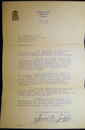 1926 Typed Letter Signed By Bishop James A. Griffin (1883 - 1948) of Springfield, Illinois to Austin J. Ford, Editor of the NY Irish World Newspaper