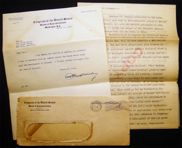 Item #027410 1940 Typed Letter Signed By Arthur Daniel Healey (1889 - 1948) U.S. Congressman to the Editor of the NY Irish World Newspaper. Americana - Ireland - Manuscript - Irish-American Relations - Arthur Daniel Healey.
