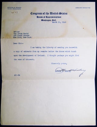 1940 Typed Letter Signed By Arthur Daniel Healey (1889 - 1948) U.S. Congressman to the Editor of the NY Irish World Newspaper