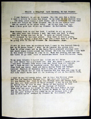 Item #027423 Circa 1920 Typed Poem Nellie O Sullivan Says Farewell to Her Friends from the...