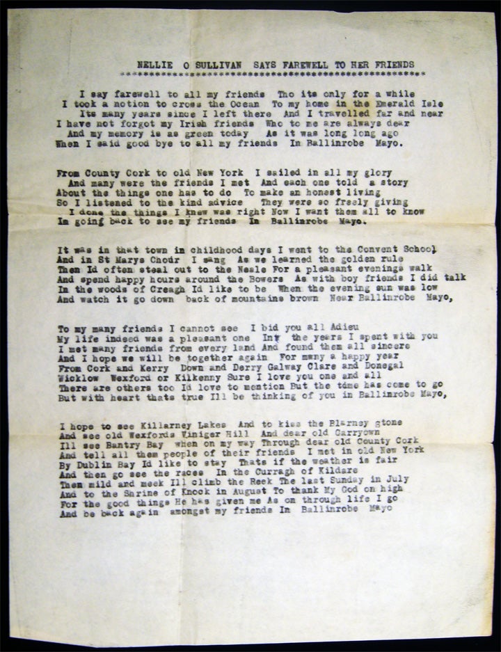 Item #027423 Circa 1920 Typed Poem Nellie O Sullivan Says Farewell to Her Friends from the collection of the NY Irish World Newspaper. Americana - Ireland - Migration - Poetry.