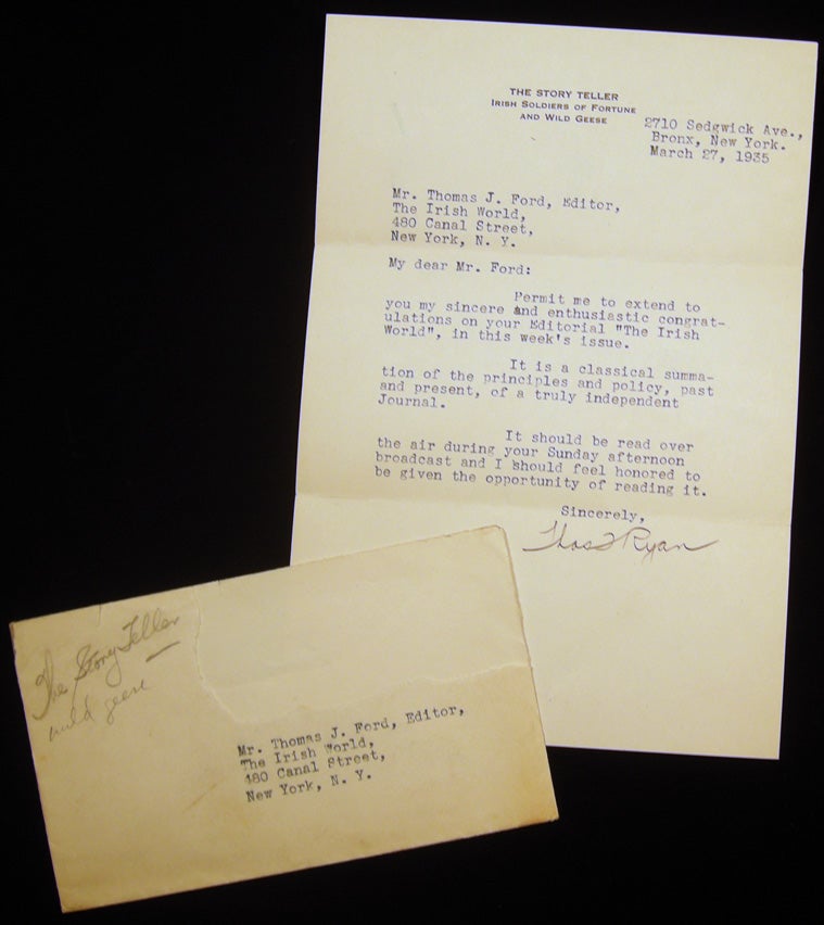 Item #027427 1935 Typed Letter Signed By Thomas F. Ryan The Story Teller Irish Soldiers of Fortune and Wild Geese, to Thomas J. Ford, Editor of the NY Irish World Newspaper. Americana - Ireland - Irish-American Relations - The Story Teller.