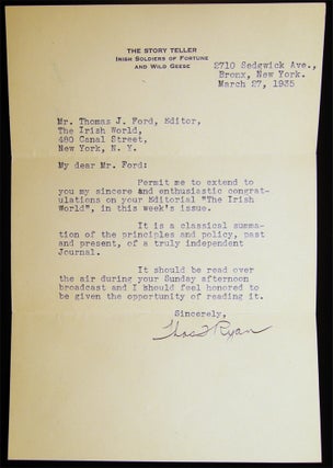 1935 Typed Letter Signed By Thomas F. Ryan The Story Teller Irish Soldiers of Fortune and Wild Geese, to Thomas J. Ford, Editor of the NY Irish World Newspaper