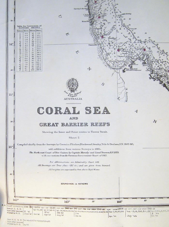 Item #027510 Coral Sea and Great Barrier Reefs Showing the Inner and Outer Routes to Torres Straits. World War II - Australia - United States - New Guinea - Cartography.