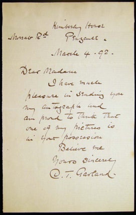 Item #027684 1892 Autograph Note Signed by British Painter Charles Trevor Garland (1855 -1906)....