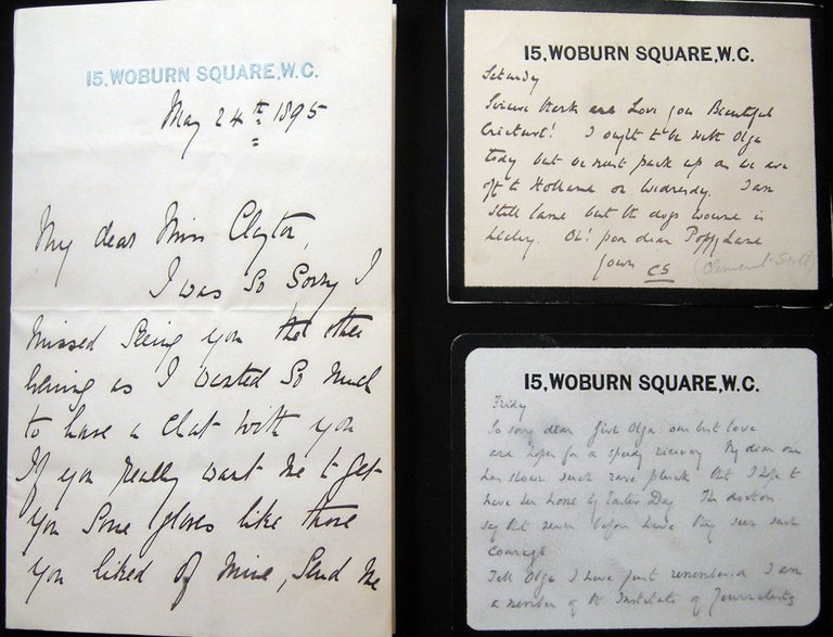 Item #027707 Two Circa 1895 Autograph Note Cards Initialed By English Theatre Critic Clement William Scott (1841 - 1904) and an 1895 Autograph Letter Signed By His Wife, Margaret Clement Scott. Great Britain - Theatre - Autograph - Clement William Scott - Margaret Clement Scott.
