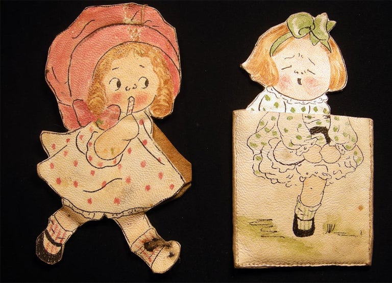 Item #028279 Two Circa 1910 Hand-drawn & Colored Dolls on White Leather. Americana - 20th Century - Dolls - Handcrafts.