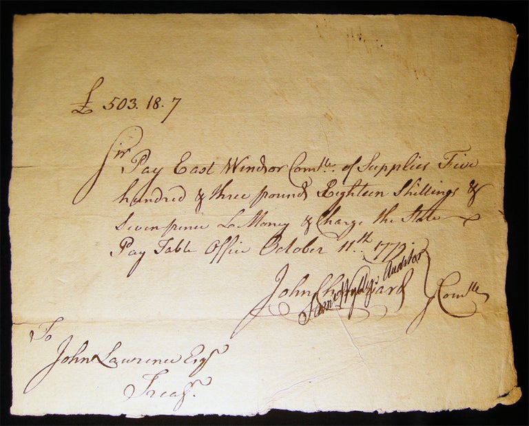 Item #028407 1779 East Windsor Connecticut Committee of Supplies Pay Order Signed by Auditor Samuel Wyllys & Others. Americana - 18th Century - Manuscript - Revolutionary War.