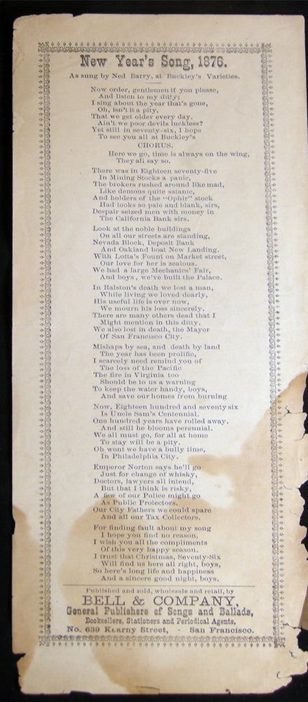 Item #028411 New Year's Song, 1876. As Sung By Ned Barry, at Buckley's Varieties. Americana - 19th century - Broadside - San Francisco - Bell, Company.