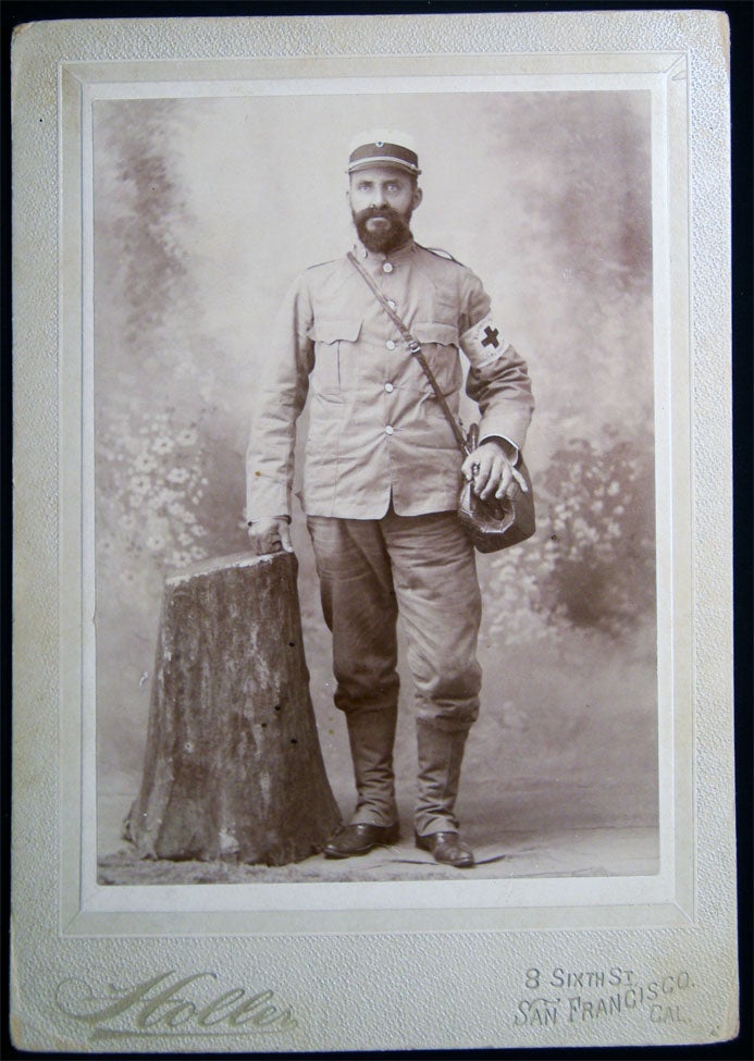 Item #028468 Circa 1895 Cabinet Card Photograph of A Uniformed Gentleman Wearing a Red Cross Armband & Cap By Holler, 8 Sixth St. San Francisco, California. Americana - History - Medicine - Red Cross - San Francisco California - Holler.