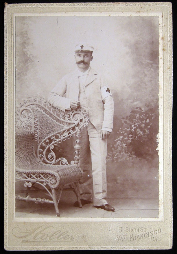 Item #028469 Circa 1895 Cabinet Card Photograph of A Uniformed Gentleman Wearing a Red Cross Armband & Cap By Holler, 8 Sixth St. San Francisco, California. Americana - History - Medicine - Red Cross - San Francisco California - Holler.