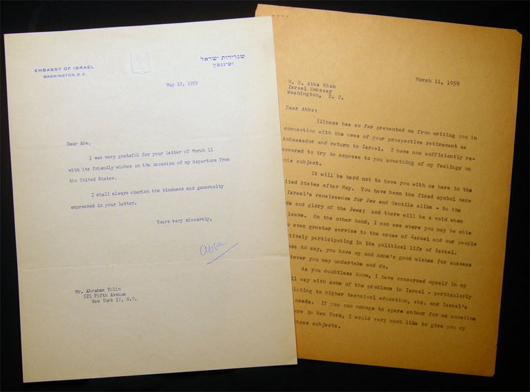 Item #028489 Abba Eban Typed Letter Signed May 18, 1959 Embassy of Israel Washington, D.C. Israel - History - Abba Eban.
