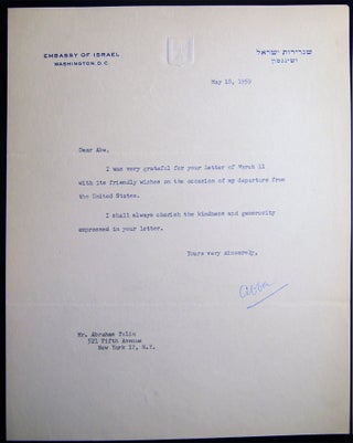 Abba Eban Typed Letter Signed May 18, 1959 Embassy of Israel Washington, D.C.