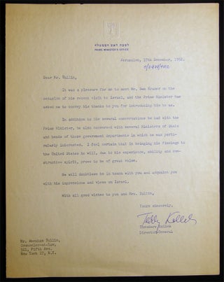 Item #028490 Teddy Kolleck Typed Letter Signed 17th December, 1952 Jerusalem, Israel. Israel -...