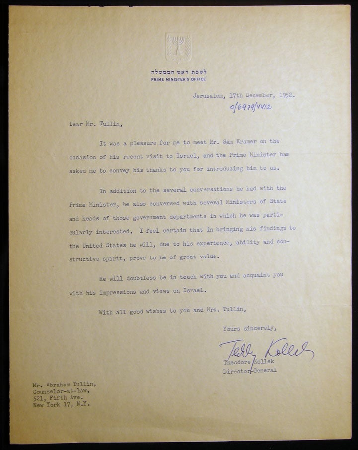 Item #028490 Teddy Kolleck Typed Letter Signed 17th December, 1952 Jerusalem, Israel. Israel - History - Teddy Kolleck.
