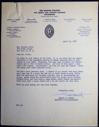 Typed Letter Signed By Samuel B. Finkel Executive Vice-President of The Dropsie College of Hebrew and Cognate Learning Philadelphia April 24, 1958