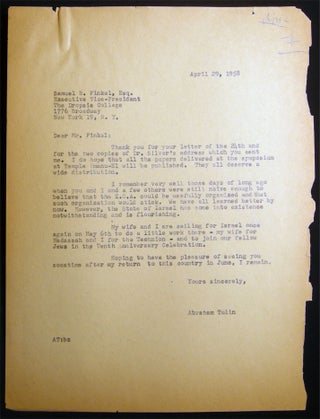 Typed Letter Signed By Samuel B. Finkel Executive Vice-President of The Dropsie College of Hebrew and Cognate Learning Philadelphia April 24, 1958