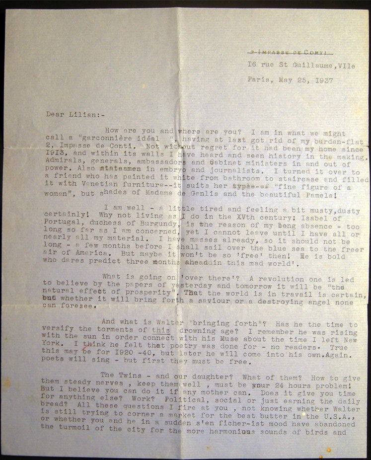Item #028493 1937 Typed Letter from Paris Written to Lillian Aptheker Lowenfels, Wife of Communist Poet Walter Lowenfels by 'Beatrice.'. Europe - History - 20th Century - Paris - Manuscript - Literature -.
