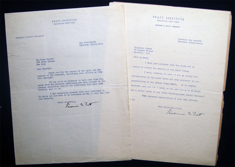 Item #028560 1927 & 1934 Typed Letters Signed Frederic B. Pratt, President of Pratt Institute Brooklyn, N.Y. Americana - 20th Century - Educators - Frederic B. Pratt.