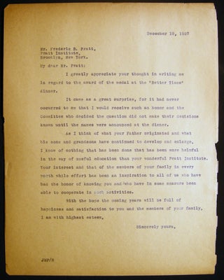 1927 & 1934 Typed Letters Signed Frederic B. Pratt, President of Pratt Institute Brooklyn, N.Y.
