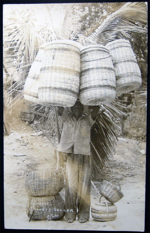 Item #028562 1953 RPPC Real Photo Post Card Haiti Baskets Seller By G. Couba with Government-Altered Postage Stamp & Cancellation. Haiti- 20th Century - Photography - G. Couba - Philately.