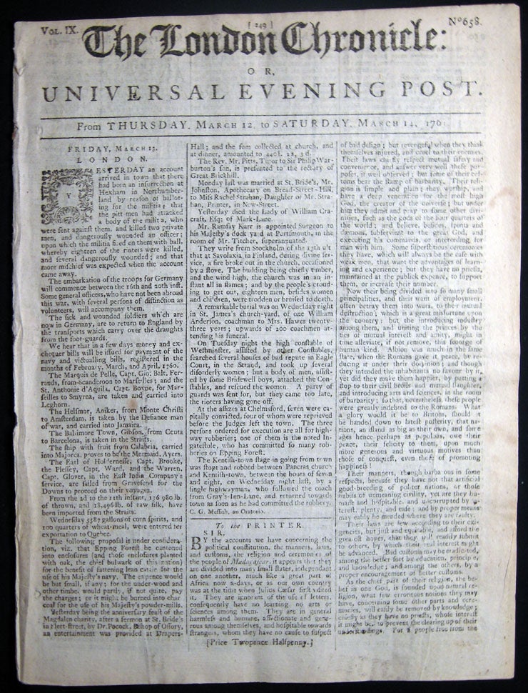 Item #028569 The London Chronicle: Or, Universal Evening Post. From Thursday, March 12, to Saturday March 14, 1761 Vol. IX. No 658. Universal Evening Post United Kingdom - 18th Century - Newspaper - The London Chronicle: Or.