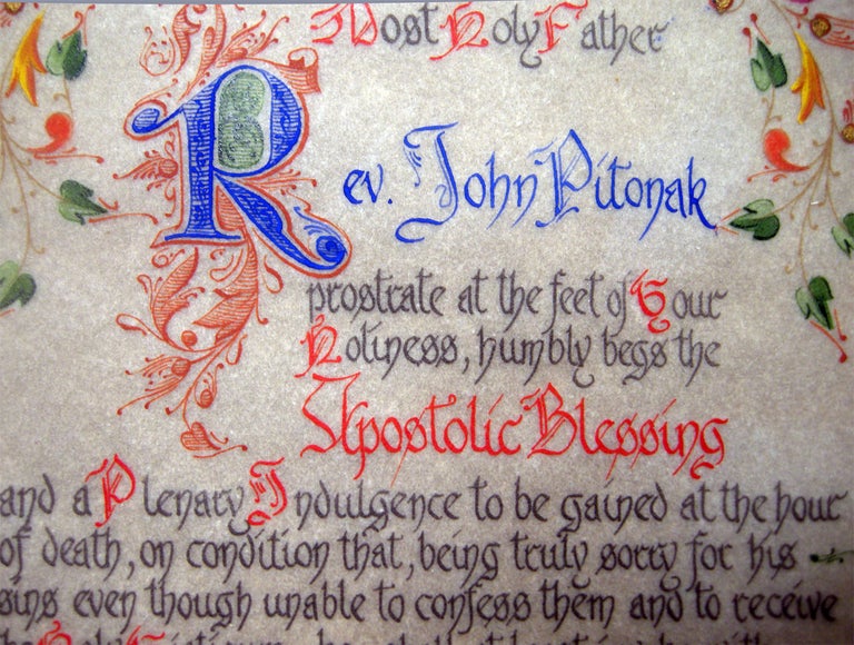 Item #028601 1954 Color Illuminated and Lettered Apostolic Blessing and a Plenary Indulgence to be Gained at the Hour of Death for a Priest, Signed By Archbishop Diego Venini. Devotional Art - Calligraphy - Manuscript Illumination - 20th Century - Catholicism.