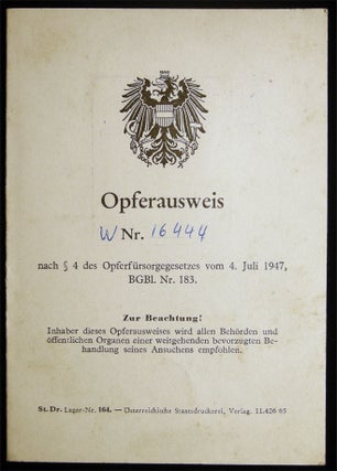 1968 Austrian Opferausweis Victim Welfare Act Identification Card with Photograph for a Holocaust. Austria - 20th Century -.